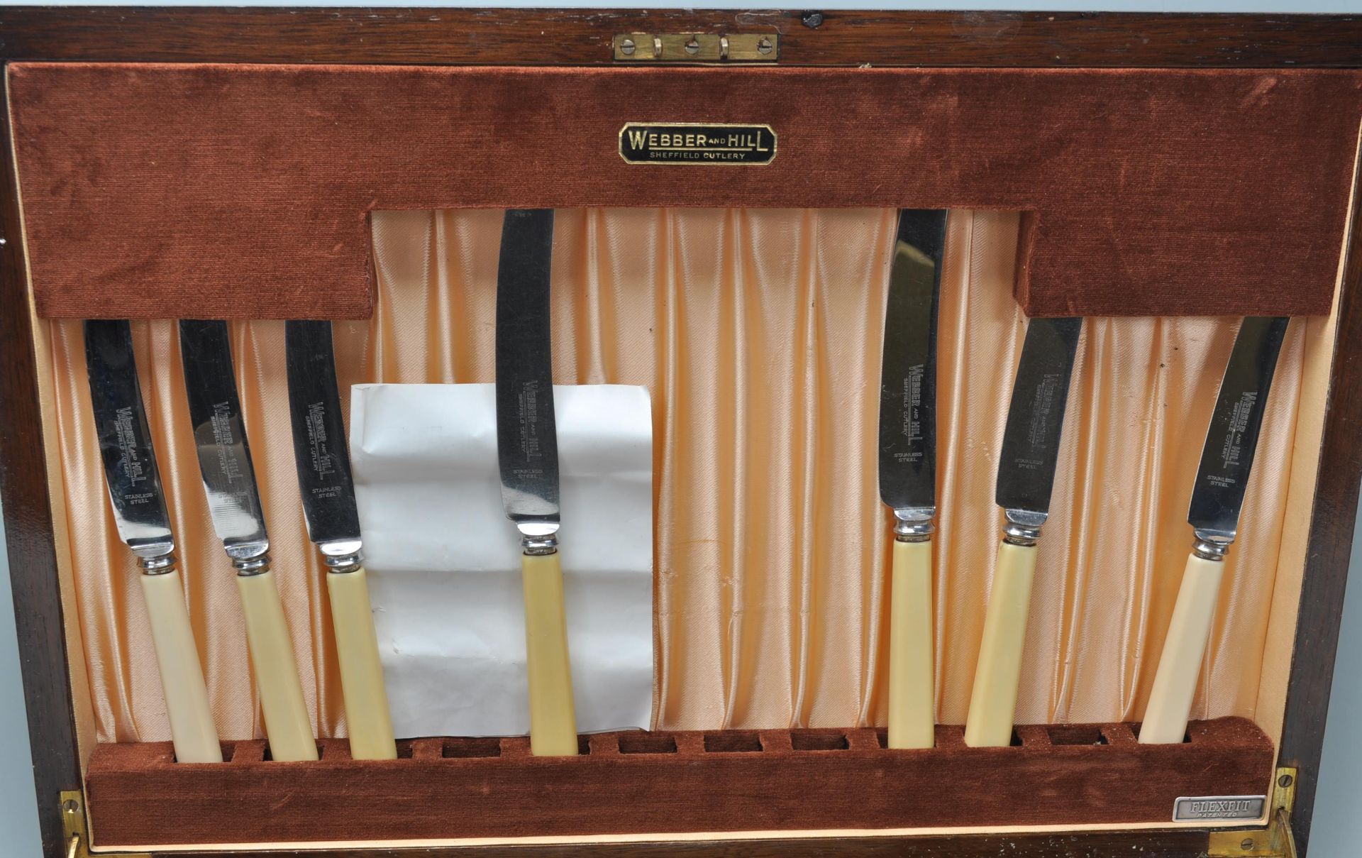 A vintage Webber and Hill cutlery canteen being wooden cased filled with silver plate cutlery and - Image 3 of 6