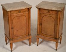 A good 19th century continental burr walnut and marble pair of bedside cabinets having single locker