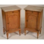 A good 19th century continental burr walnut and marble pair of bedside cabinets having single locker