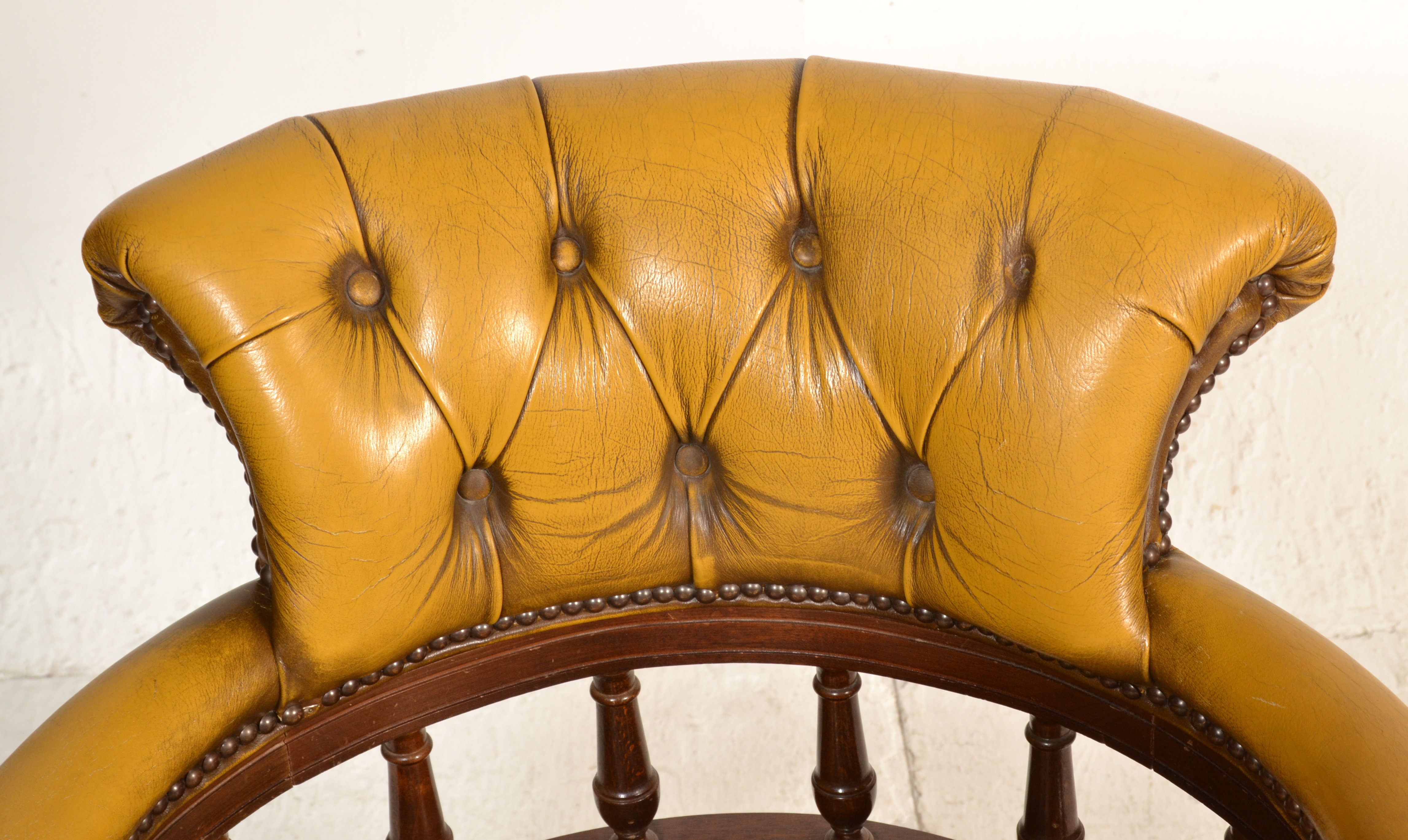 A 20th century mustard Leather Chesterfield Captains deep button back mahogany framed swivel office - Image 4 of 8