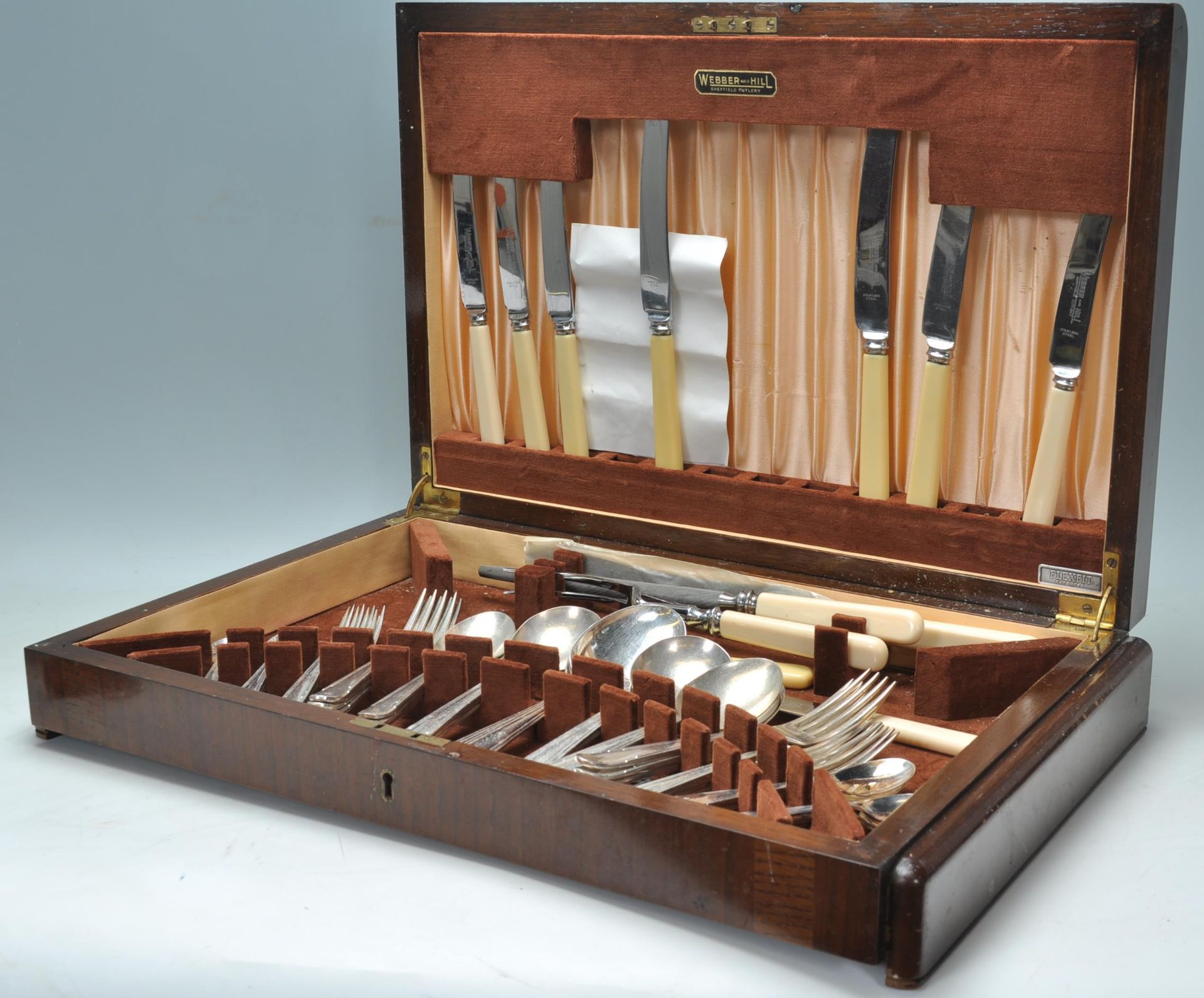 A vintage Webber and Hill cutlery canteen being wooden cased filled with silver plate cutlery and - Image 5 of 6