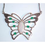 A stamped 925 silver necklace having a butterfly pendant set with a central opal panel and round cut