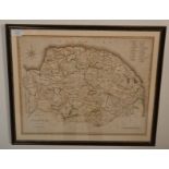 John Cary – an early 19th century hand coloured map of Norfolk, by ‘J. Cary’. Framed. Measures