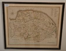 John Cary – an early 19th century hand coloured map of Norfolk, by ‘J. Cary’. Framed. Measures