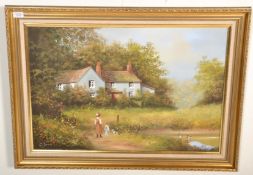 Les Parsons - A framed oil on canvas painting depicting a countryside scene with a house beside a