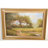 Les Parsons - A framed oil on canvas painting depicting a countryside scene with a house beside a