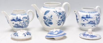 A group of three 19th Century blue and white old Worcester miniature tea pots of small