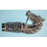A stamped 800 silver antique style walking stick handle in the form of a horses head with a floral
