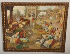 A vintage 20th Century lacquered oil on board painting depicting a busy Italian market scene.