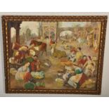 A vintage 20th Century lacquered oil on board painting depicting a busy Italian market scene.