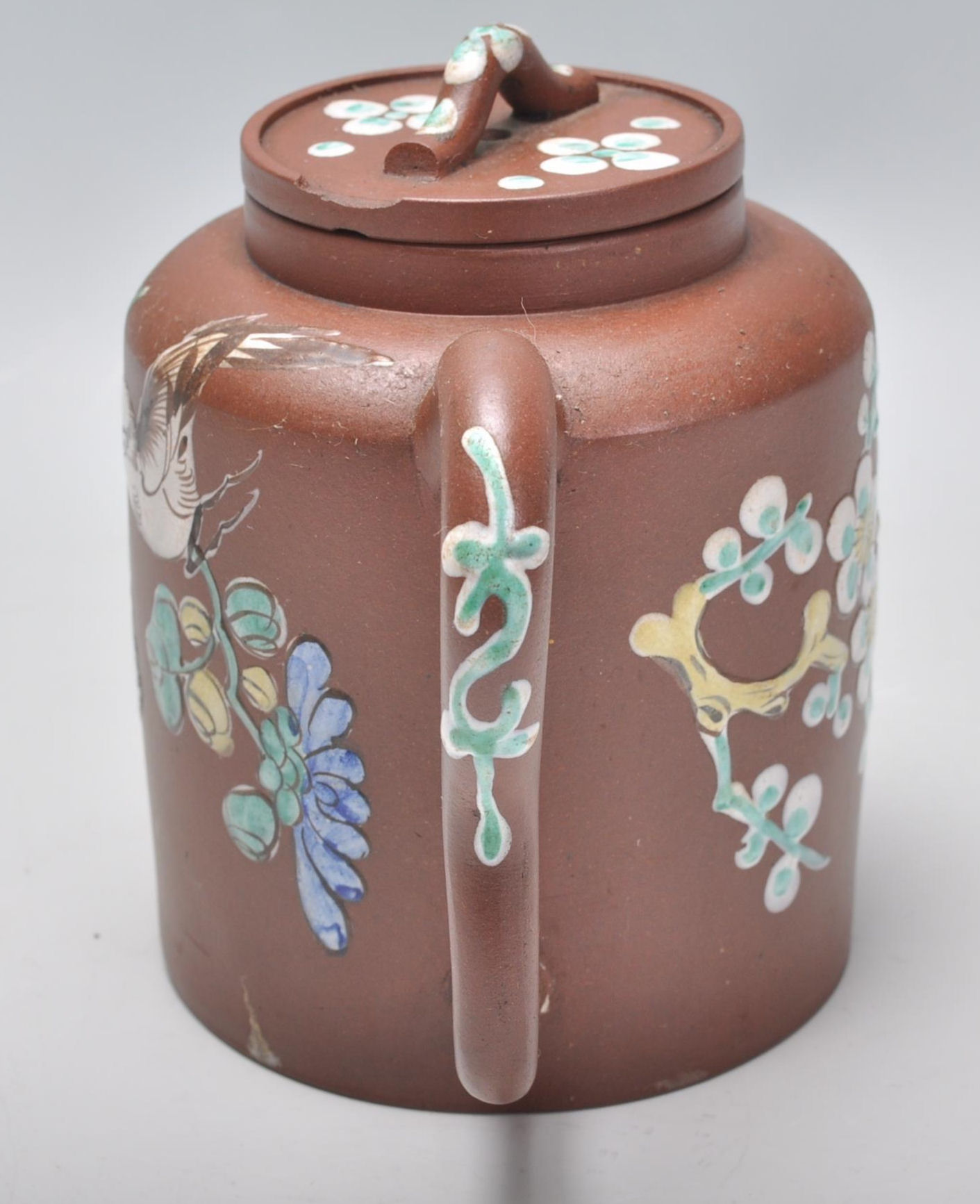An early 20th Century Chinese brown clay teapot having hand enameled bird and floral decoration with - Image 2 of 8