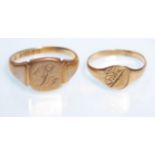 Two hallmarked 9ct gold signet rings to include one with a square panel to the head engraved with