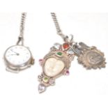 A good silver hallmarked albert chain and t-bar adorned with a silver services wristwatch from the