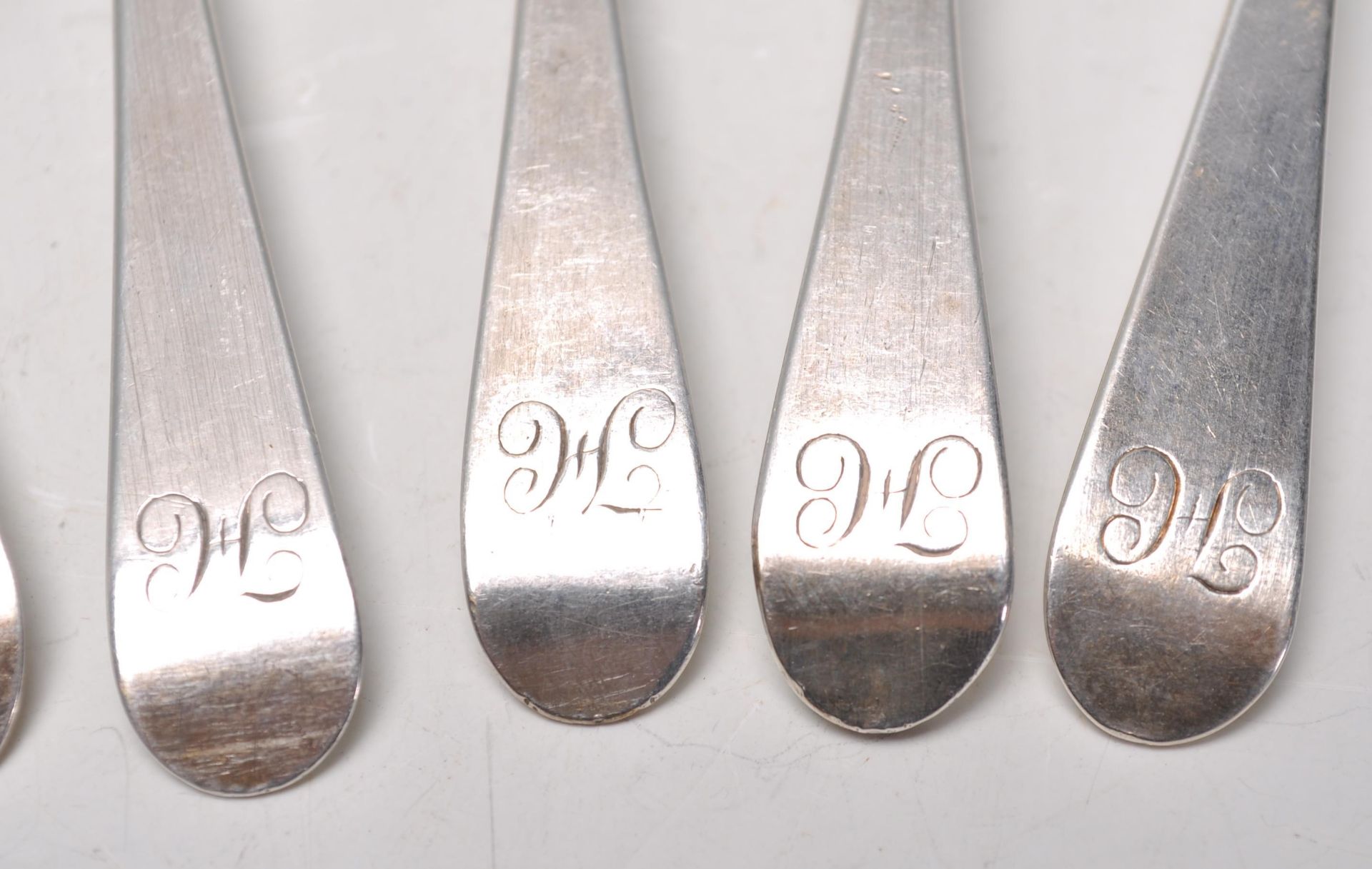 A good set of seven late 18th Century Georgian silver hallmarked tea spoons, with each one bearing a - Image 3 of 10