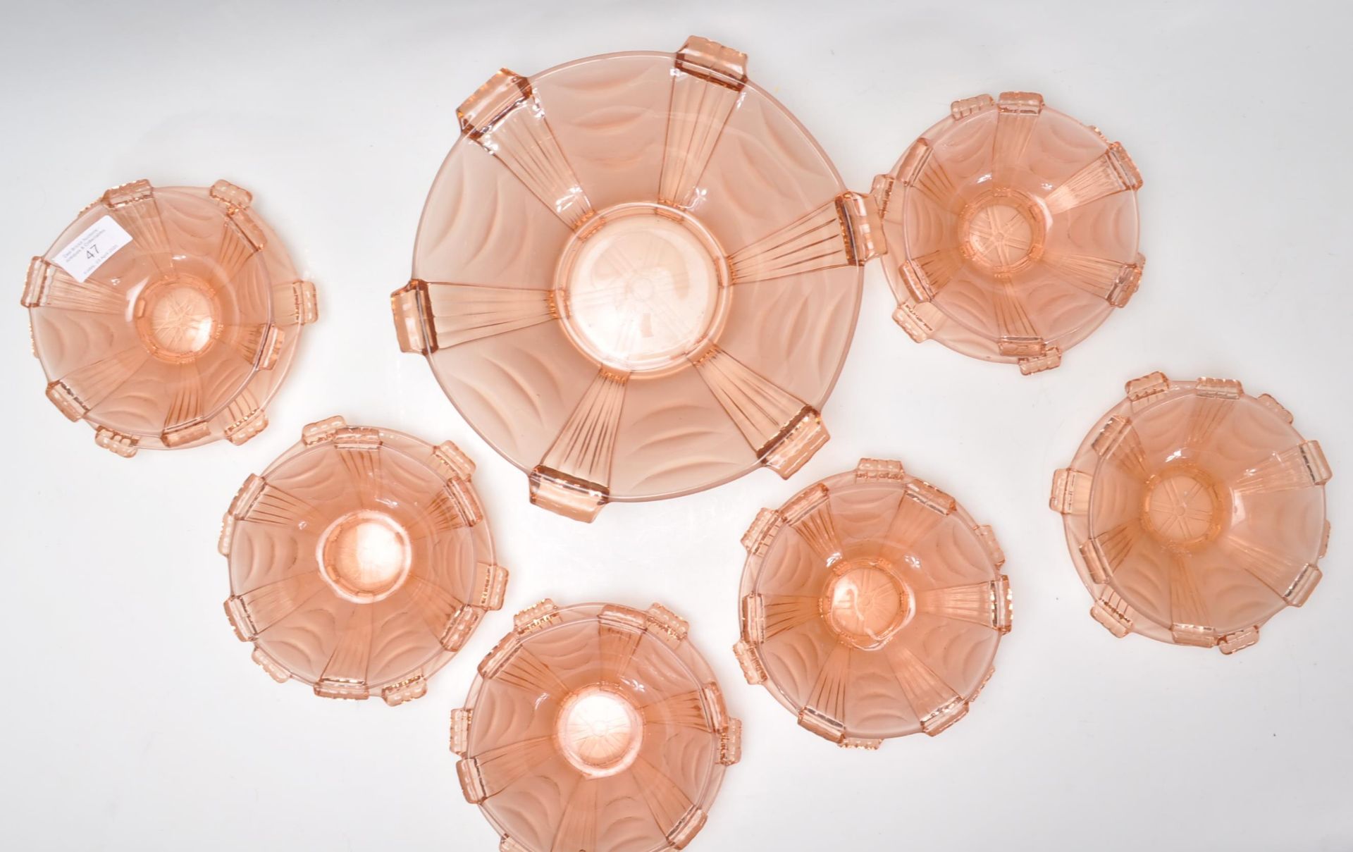 A set of six early 20th Century Art Deco pink frosted glass fruit bowls and plates together with - Image 3 of 6
