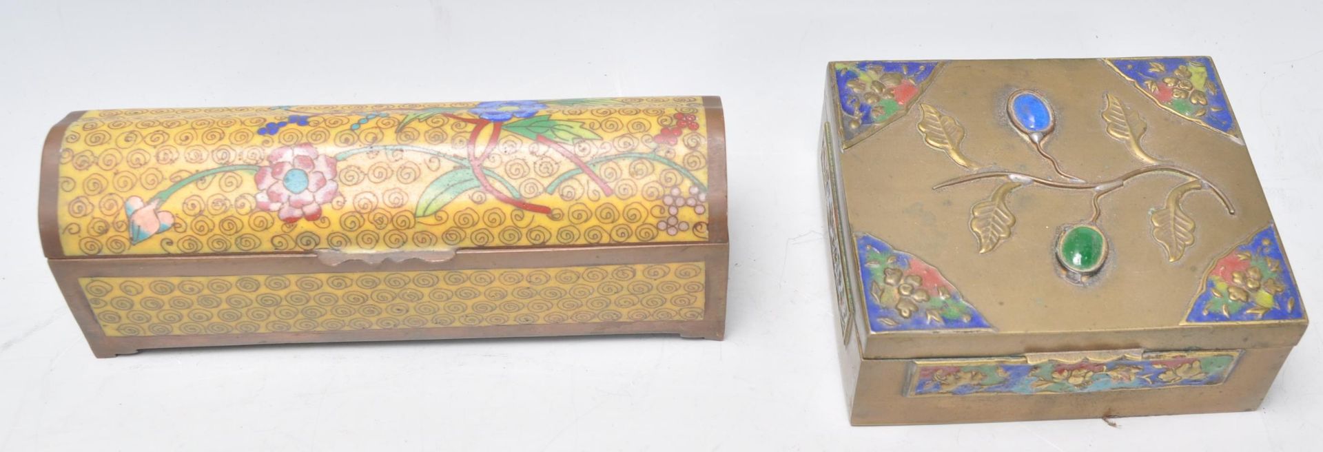 A Chinese brass stamp case of rectangular form set with inset coloured stone orbs with enamel - Image 2 of 4