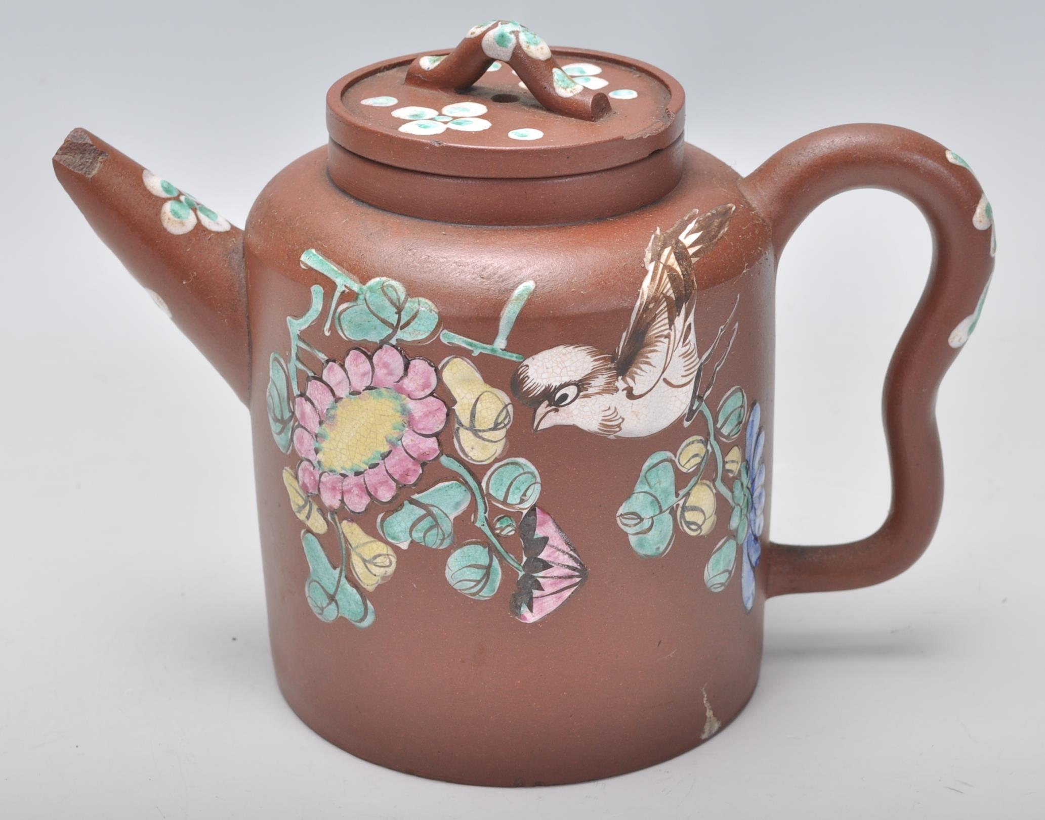 An early 20th Century Chinese brown clay teapot having hand enameled bird and floral decoration with - Image 3 of 8