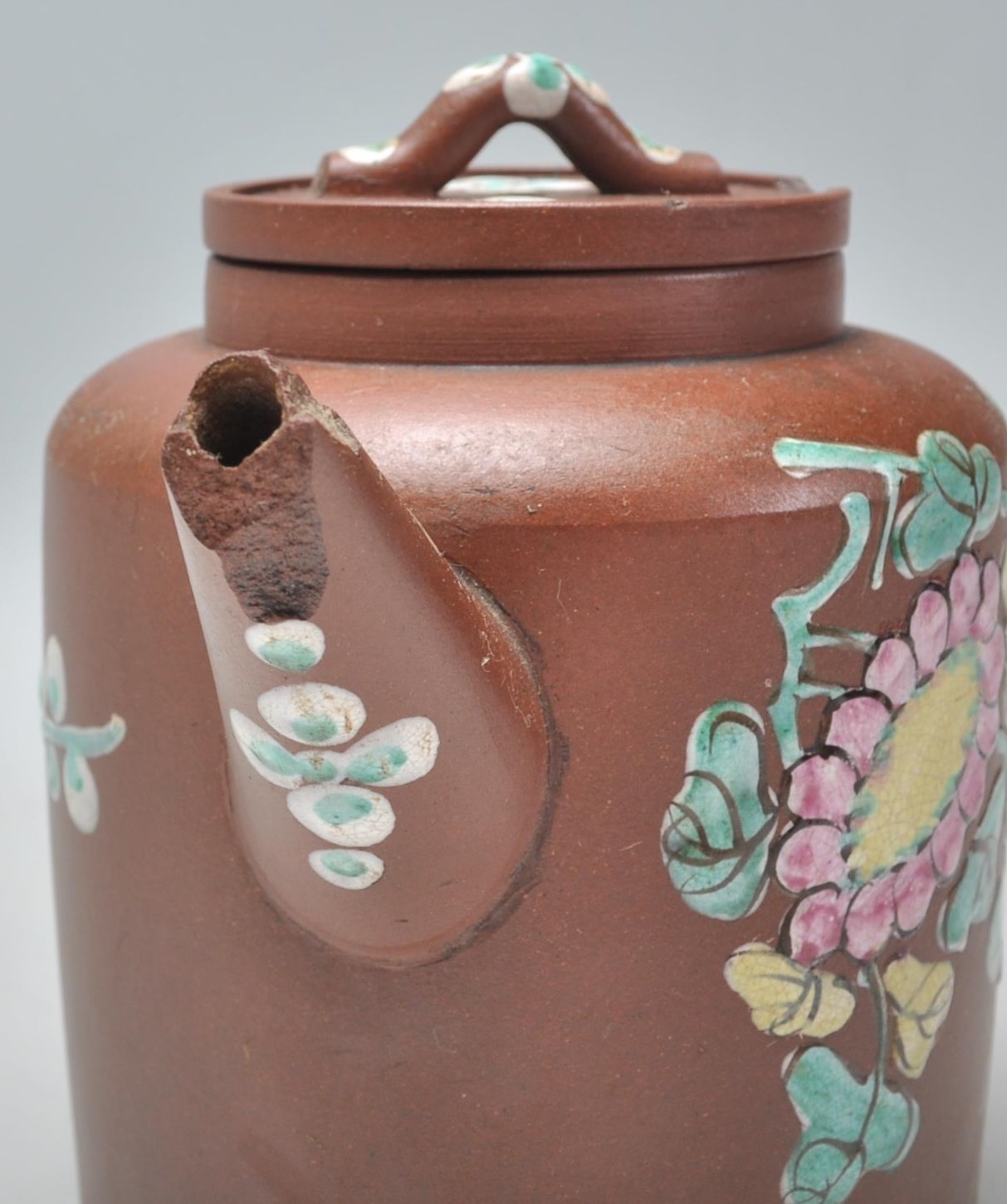 An early 20th Century Chinese brown clay teapot having hand enameled bird and floral decoration with - Image 8 of 8