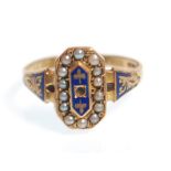 A 19th Century Victorian 15ct gold ring decorated with blue enamel and seed pearls. Hallmarked