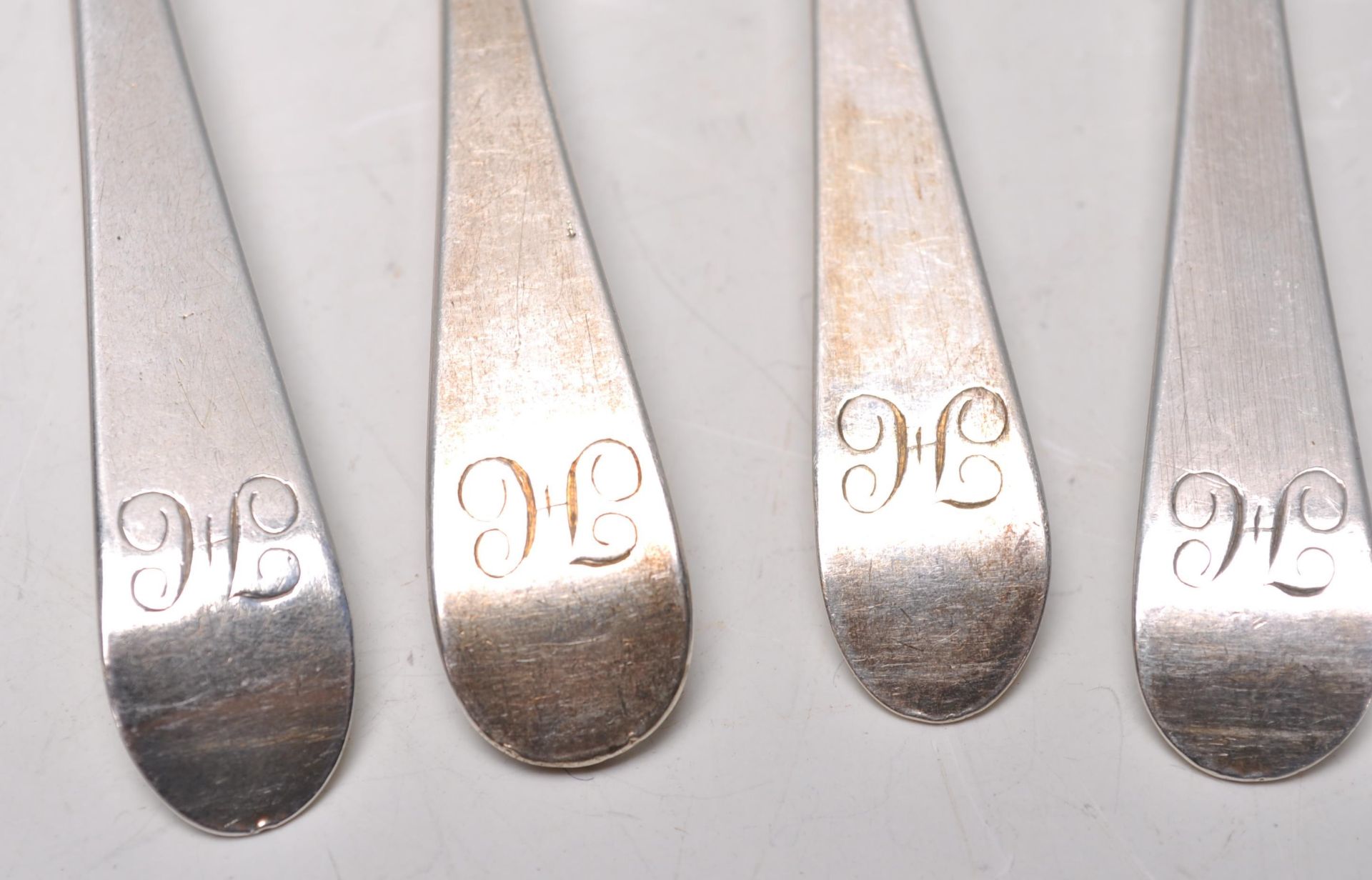 A good set of seven late 18th Century Georgian silver hallmarked tea spoons, with each one bearing a - Image 2 of 10