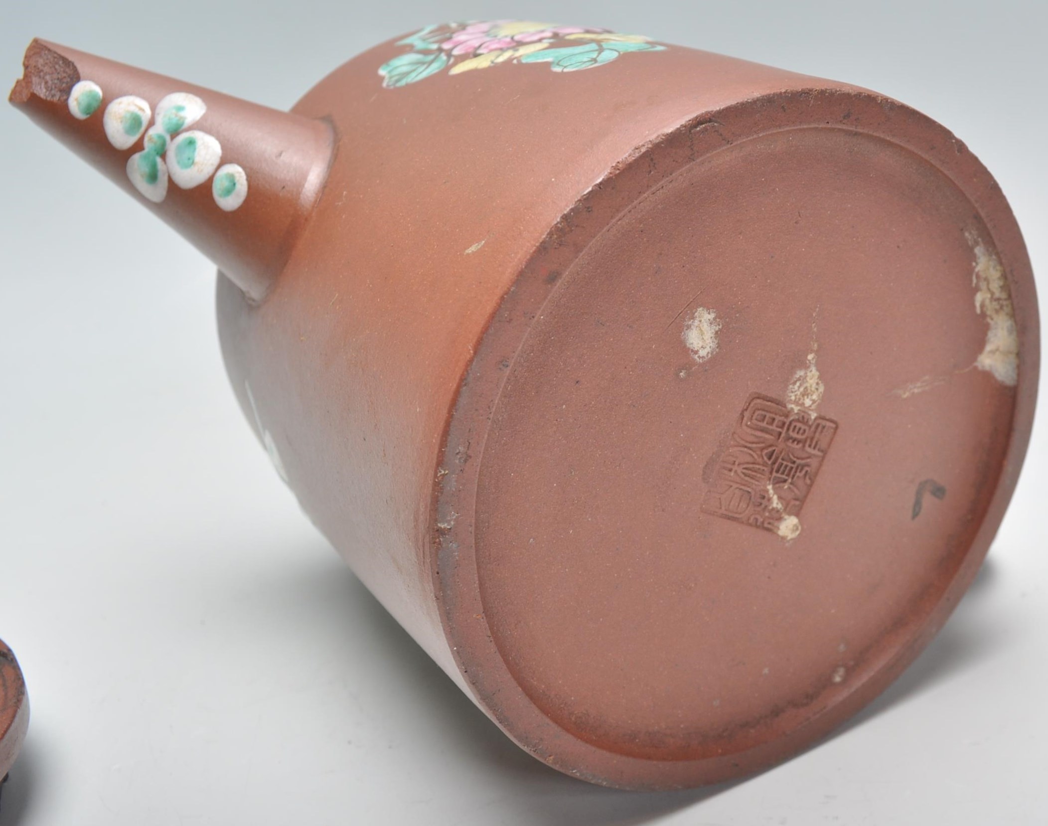 An early 20th Century Chinese brown clay teapot having hand enameled bird and floral decoration with - Image 7 of 8