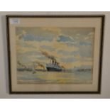 F. Hobbs - A vintage 20th Century watercolour painting of RMS Queen Mary at Southampton dock. Signed