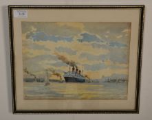 F. Hobbs - A vintage 20th Century watercolour painting of RMS Queen Mary at Southampton dock. Signed