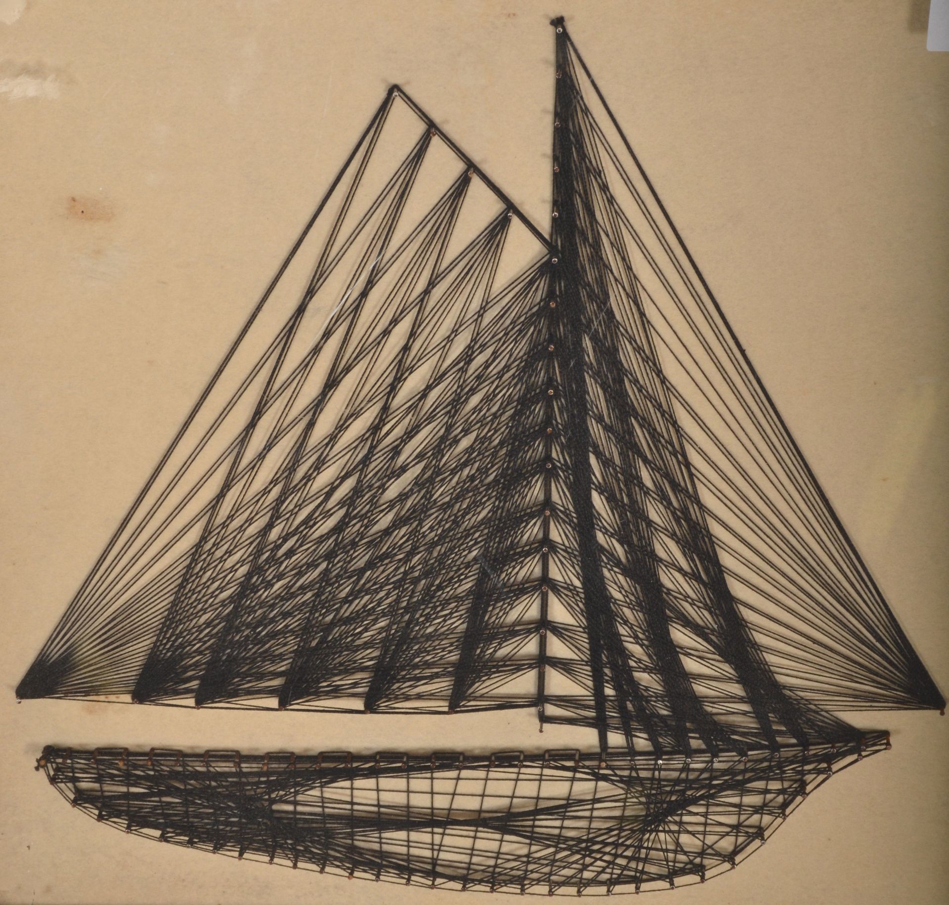 A vintage 20th Century sailing related picture of a boat created using mound black threads on a - Bild 2 aus 4