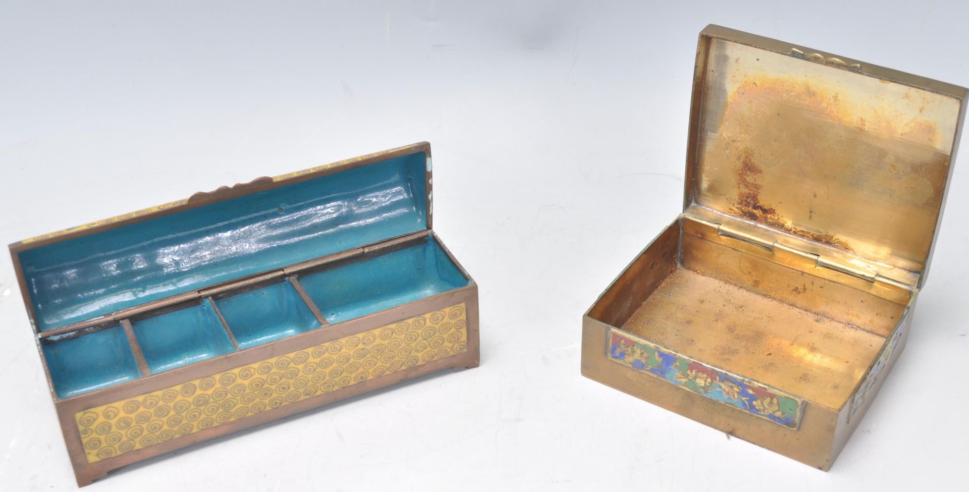 A Chinese brass stamp case of rectangular form set with inset coloured stone orbs with enamel - Image 3 of 4