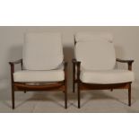 A stunning pair of retro vintage 20th Century Danish  teak wood low easy lounge chair / armchairs in
