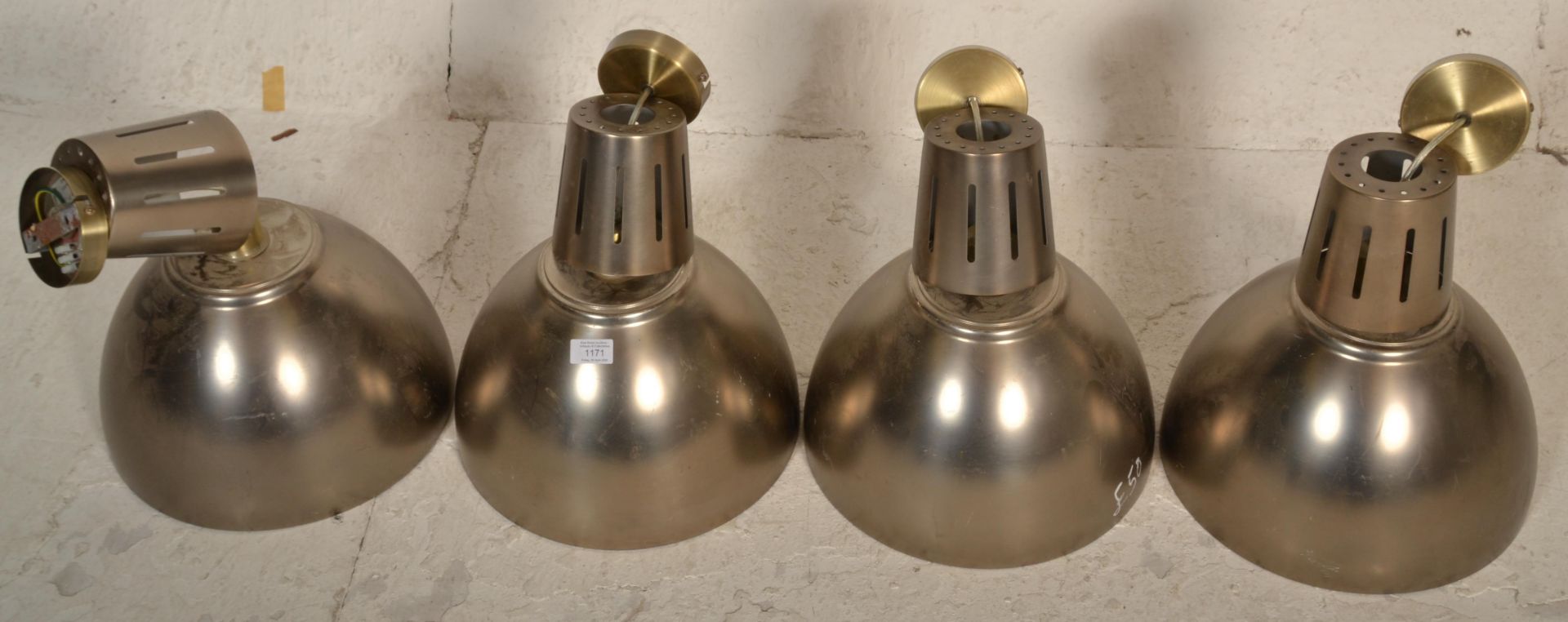 A set of 4 contemporary factory / Industrial style brushed gold aluminium pendant lights each with - Image 2 of 4