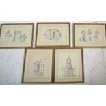 A group of five framed and glazed pencil sketch prints of various areas of Bishopsgate Lydney.