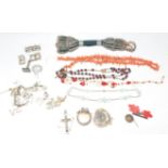 A mixed group of Victorian and later costume and other jewellery to include a coral necklace, belt