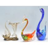 A mixed group of three vintage retro 20th Century Murano glass bird figures in different