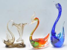 A mixed group of three vintage retro 20th Century Murano glass bird figures in different