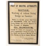 Local Interest - An early 20th Century vintage framed and glazed 'Port Of Bristol Authority Notice'.