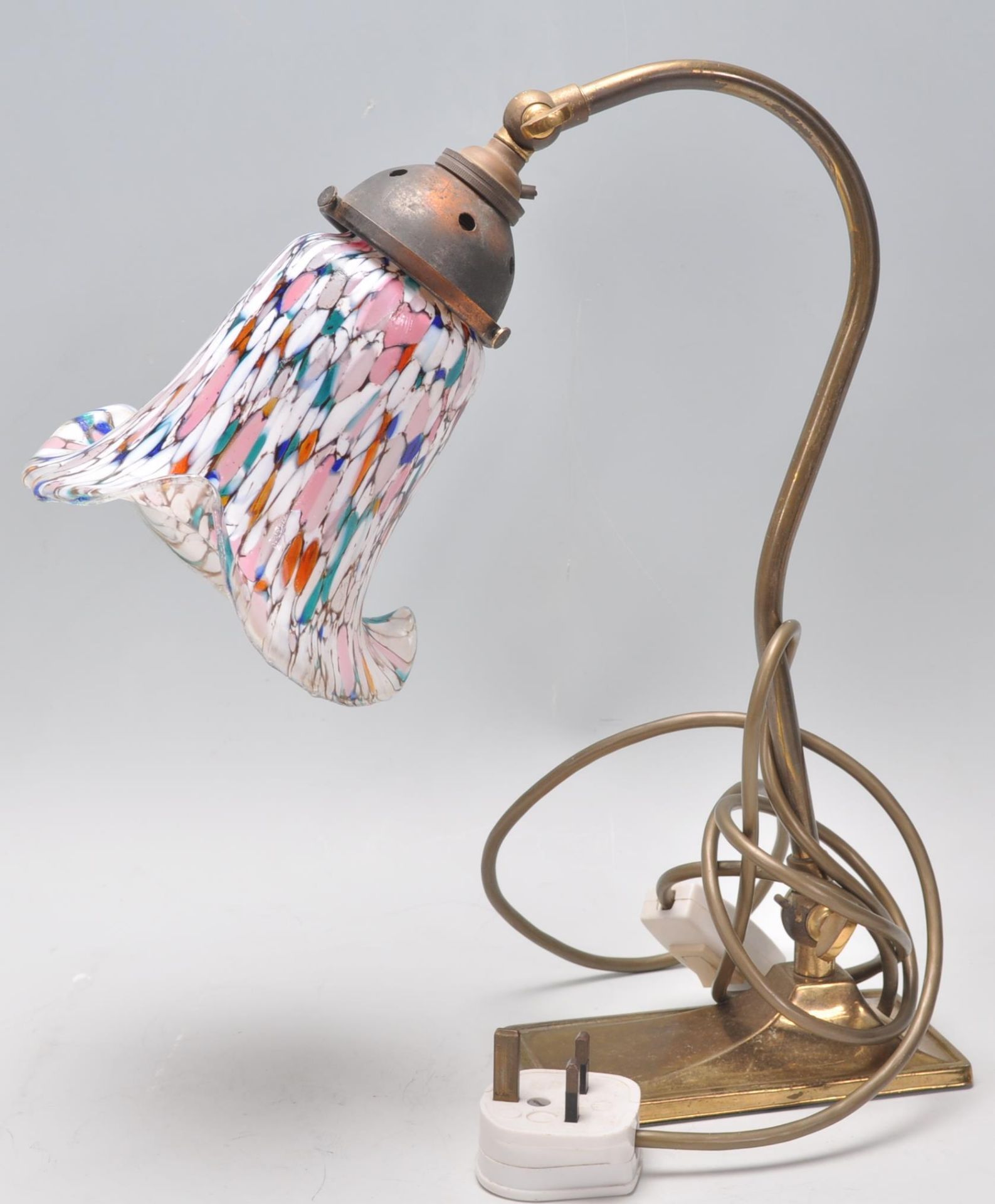 A good vintage 20th Century brass swan neck table / desk lamp light having a multi coloured