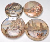 A group of four Pratt ware ceramic lids to include 'The Enthusiast' depicting a fisherman, a cat and