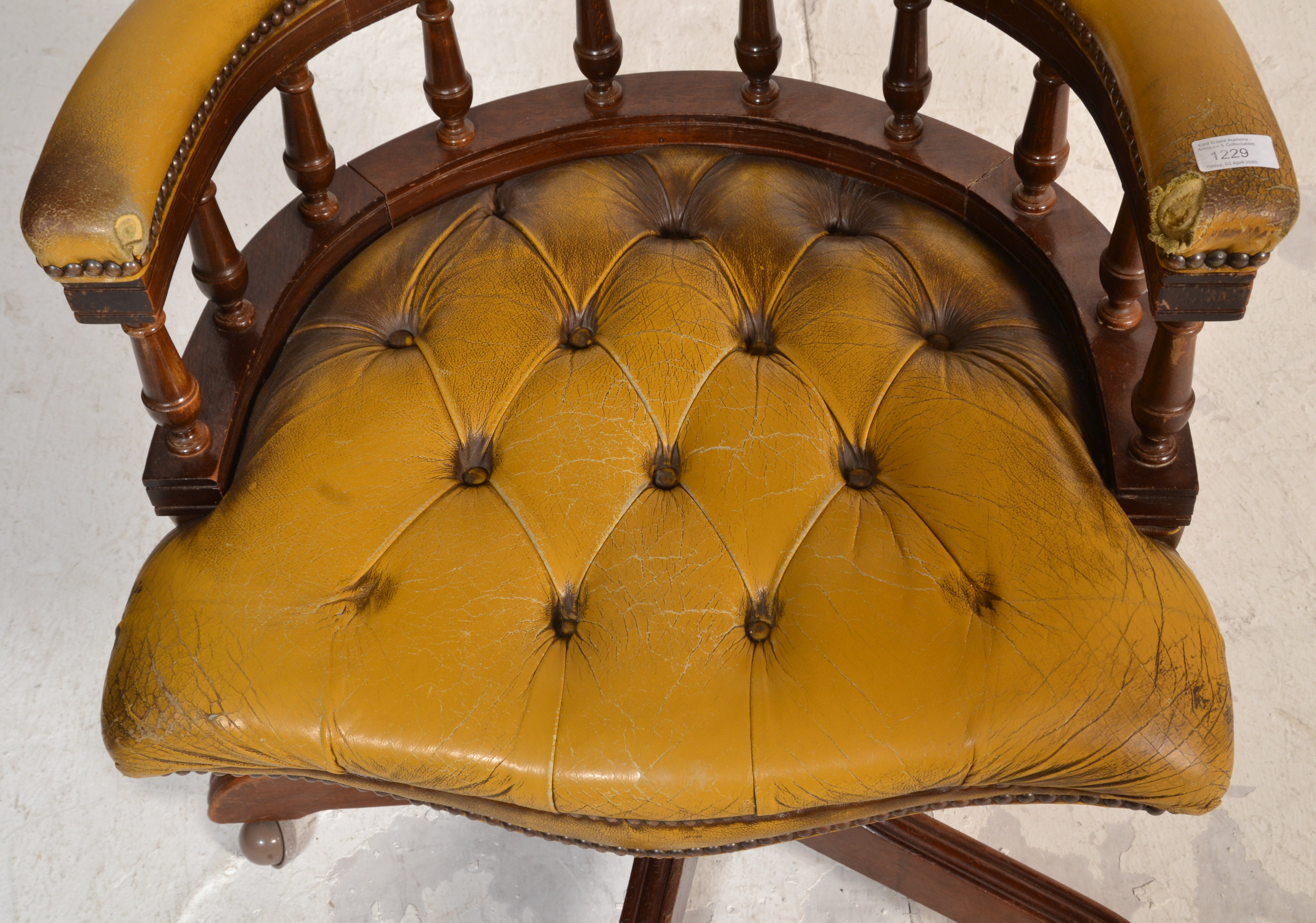 A 20th century mustard Leather Chesterfield Captains deep button back mahogany framed swivel office - Image 5 of 8