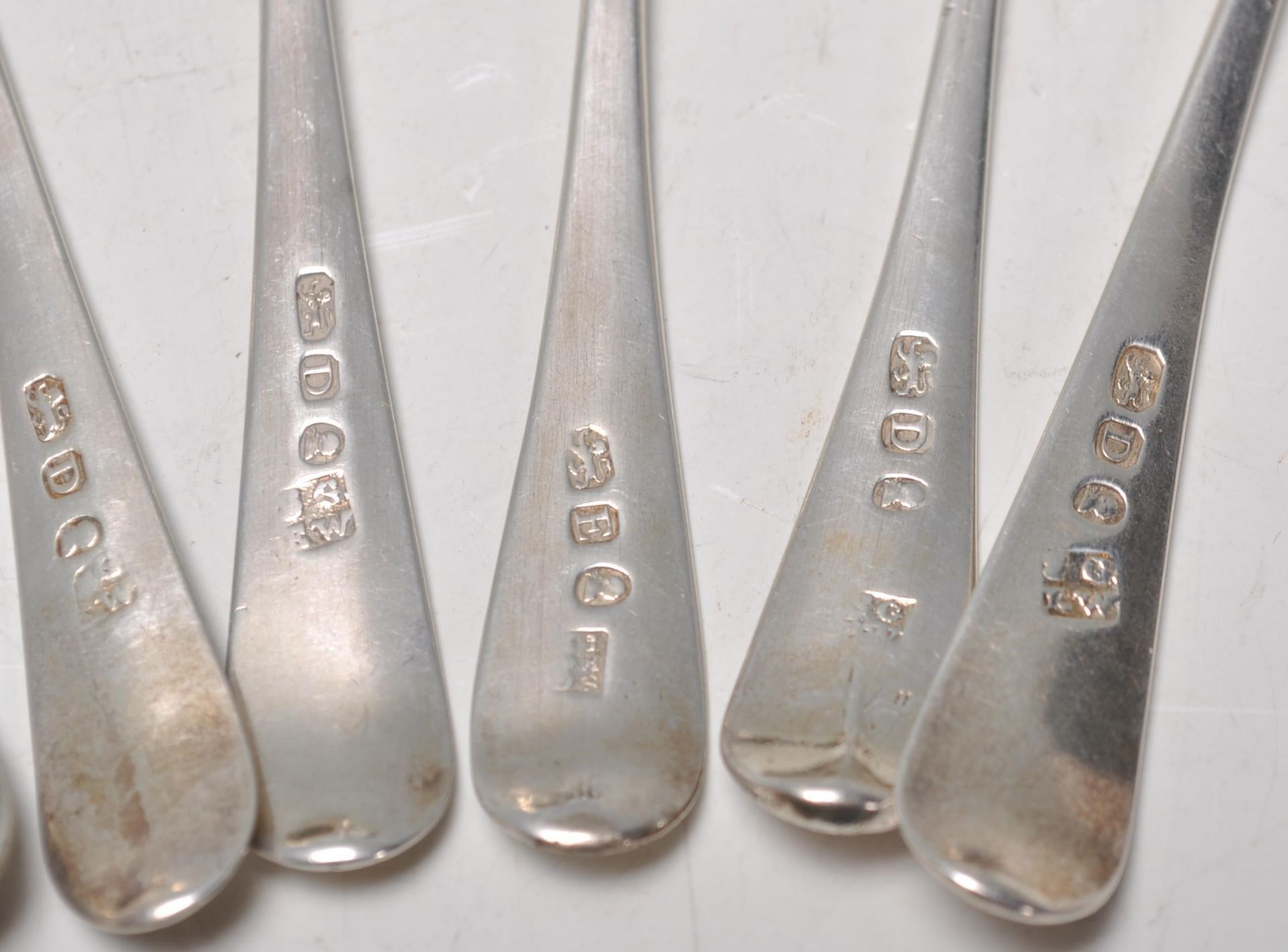 A good set of seven late 18th Century Georgian silver hallmarked tea spoons, with each one bearing a - Image 8 of 10