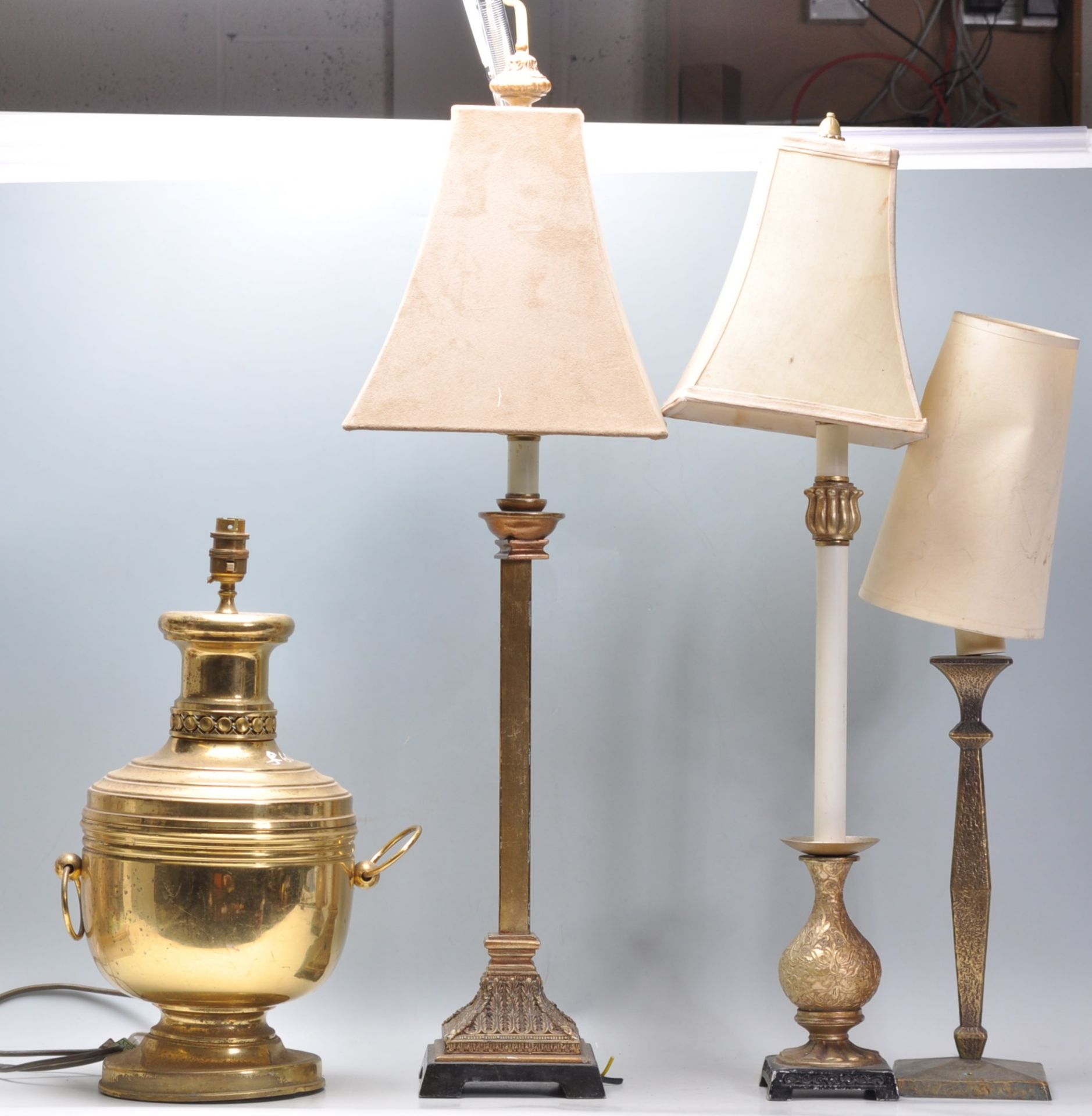 A large brass Chinese amphora table lamp with ring handles together with  neo classical large