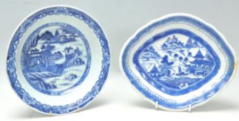 Two 19th Century Chinese blue and white dishes to include a bowl of round form, the base being