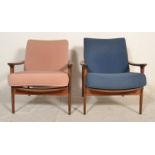 A stunning pair of retro vintage 20th Century Danish teak wood low easy lounge chair / armchairs