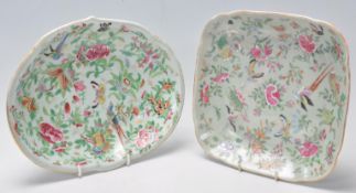 Two 19th Century Chinese canton plates having celadon grounds, both being hand enamelled with