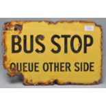 An early 20th Century vintage Bus Stop enamel sign having yellow ground with black lettering reading