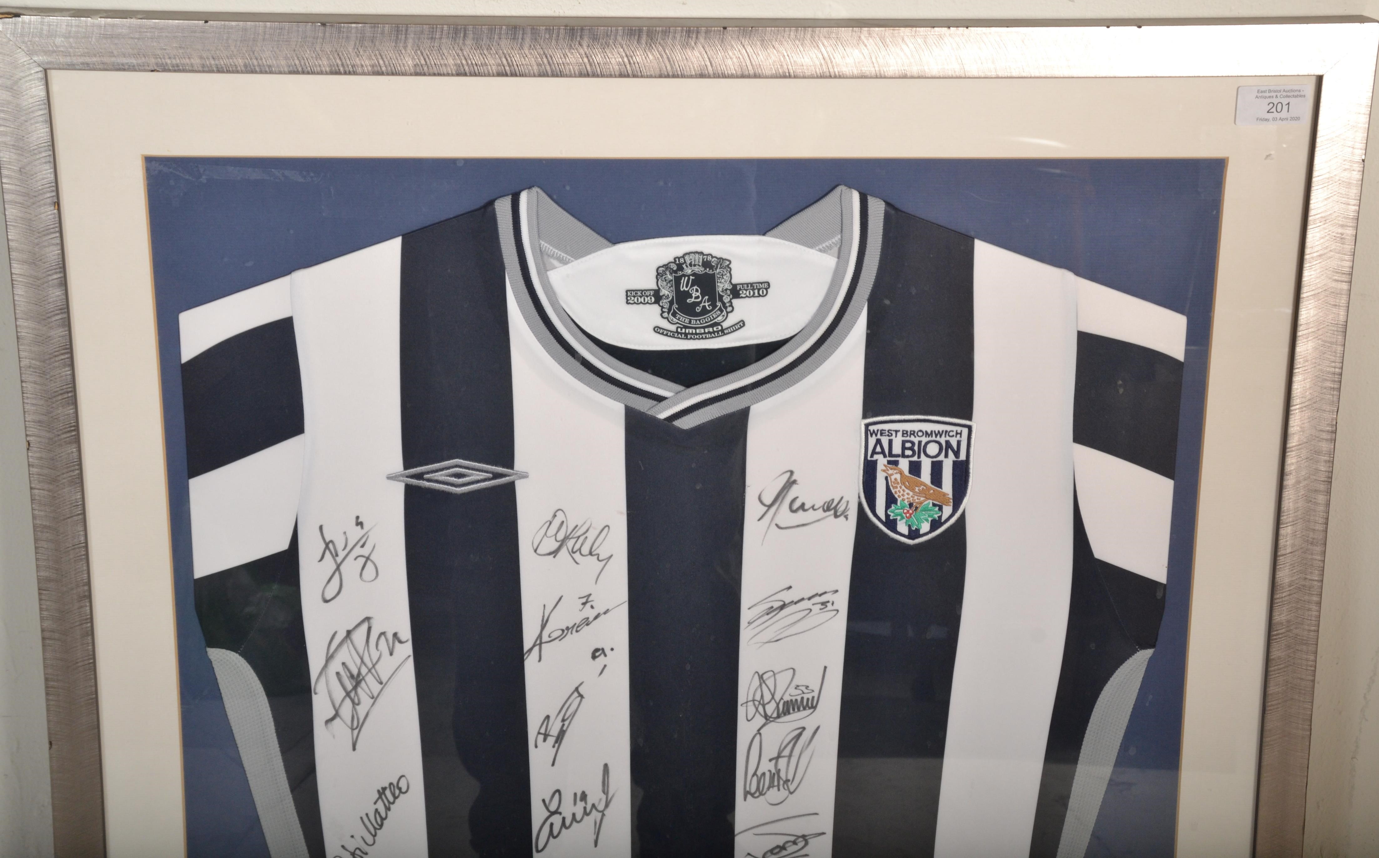 A framed and glazed West Bromwich Albion signed football shirt, The shirt with multiple autographs - Image 2 of 5