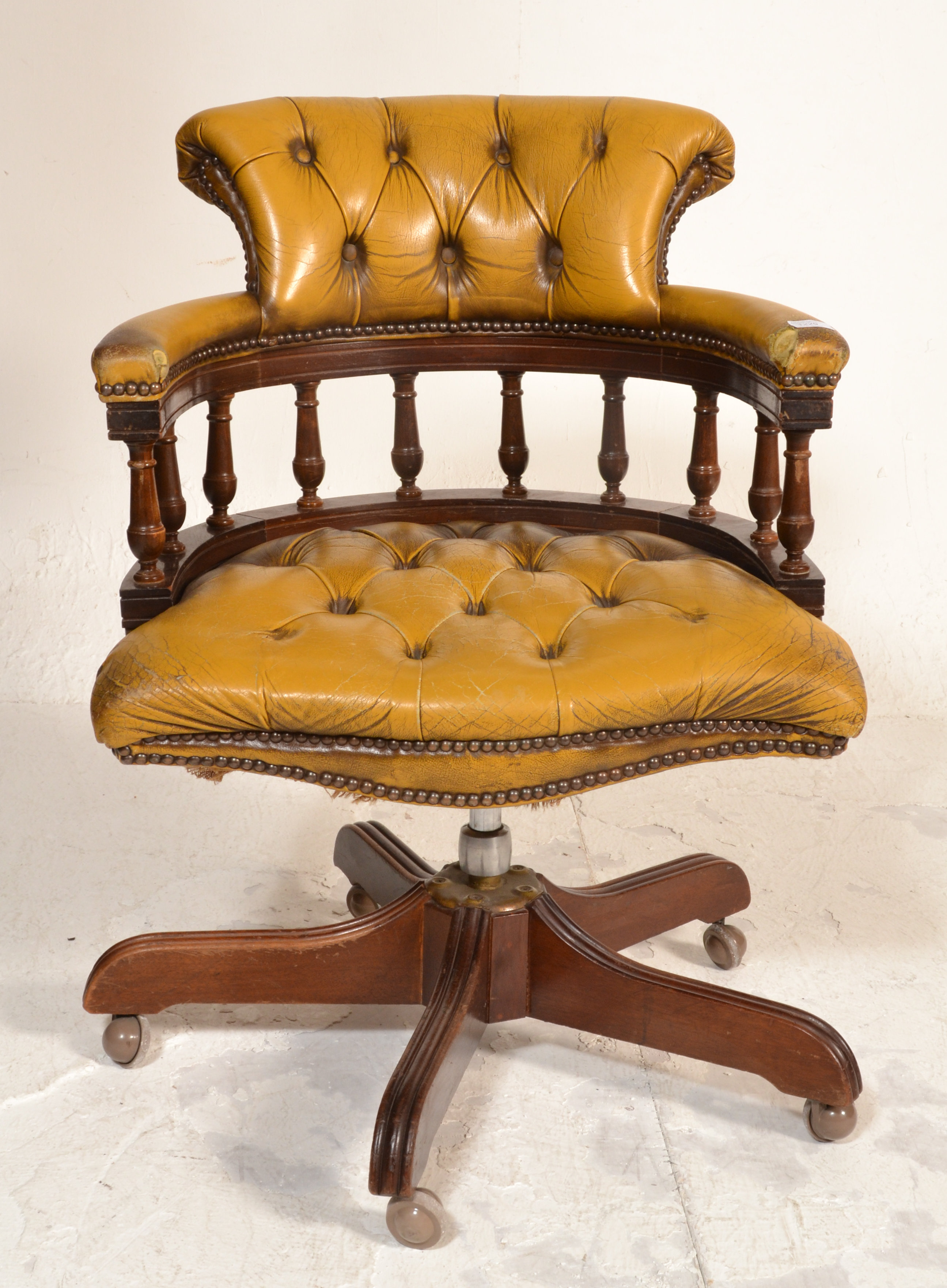 A 20th century mustard Leather Chesterfield Captains deep button back mahogany framed swivel office - Image 2 of 8
