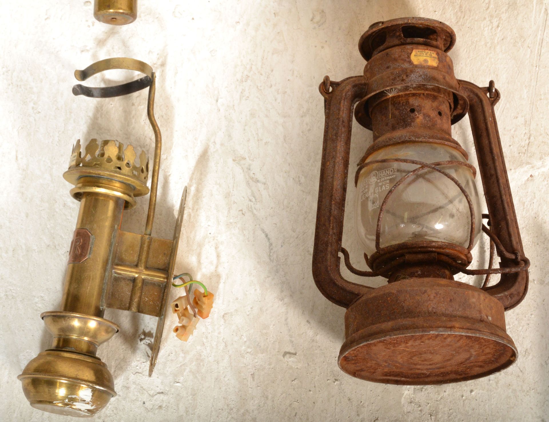 A collection of old vintage 19th and 20th century lamps to include brass cased with WR monogram, - Image 3 of 6