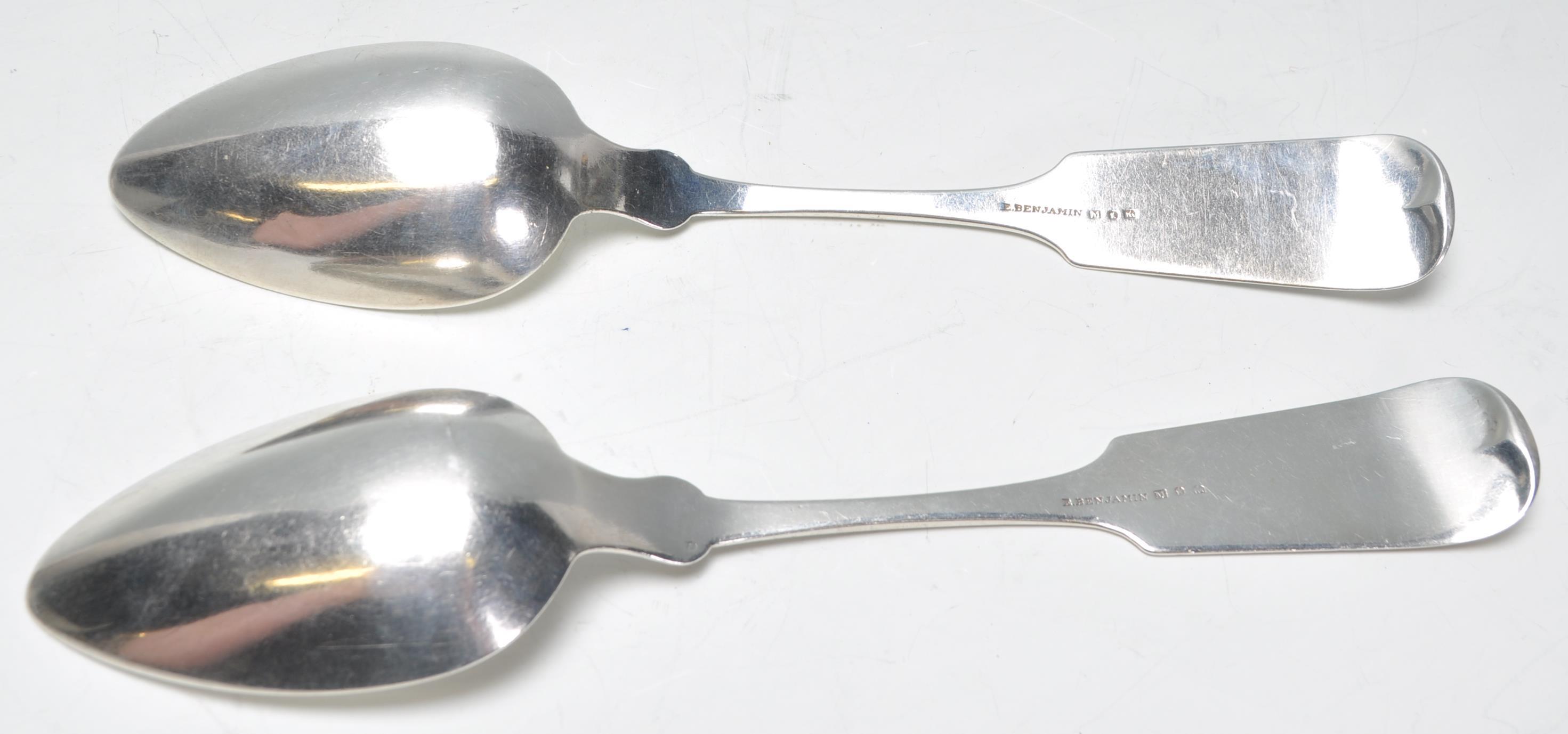 A pair of large American Barzillia Benjamin ( 1800 -  1850) silver Table spoons in the fiddle - Image 3 of 5