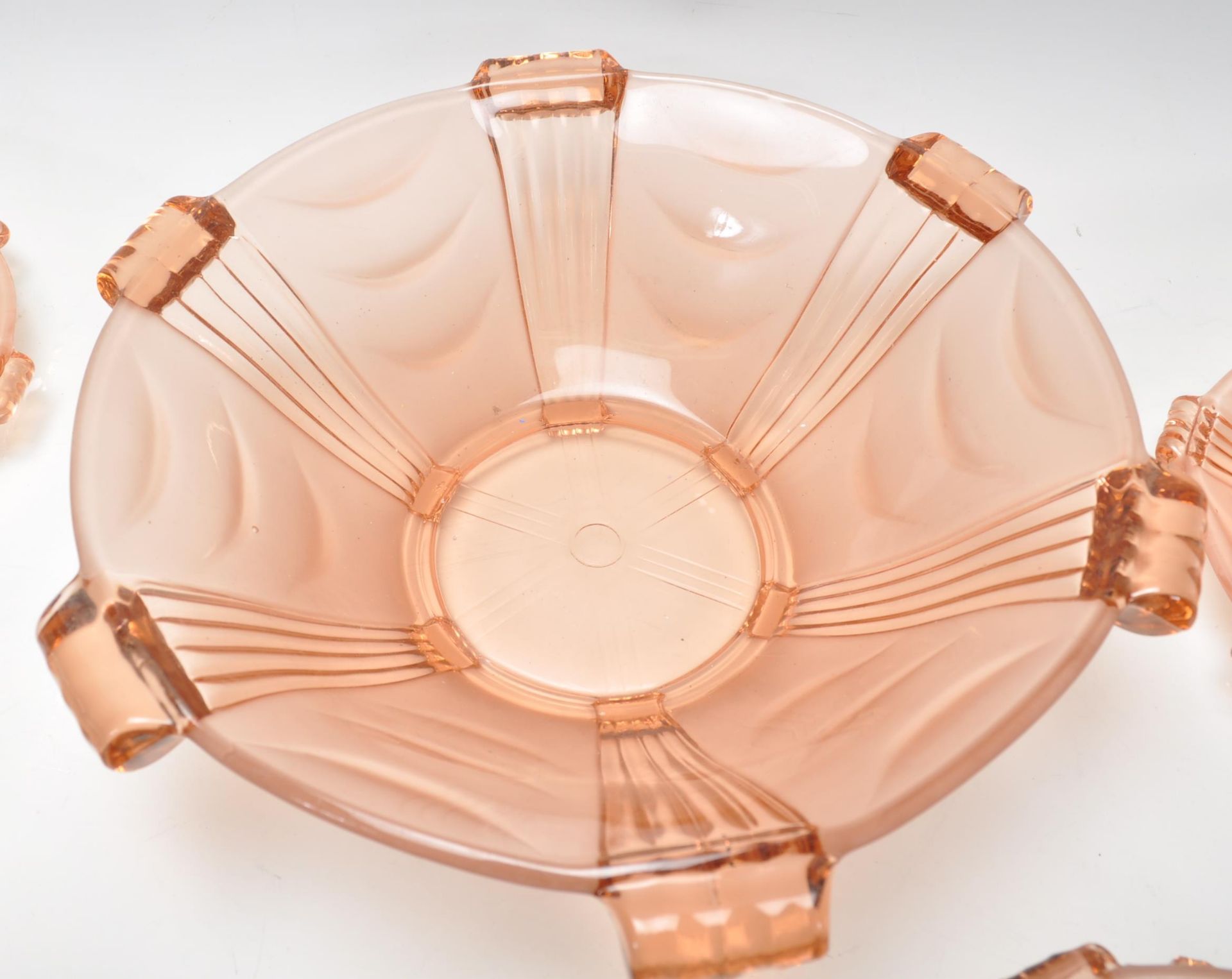 A set of six early 20th Century Art Deco pink frosted glass fruit bowls and plates together with - Image 4 of 6